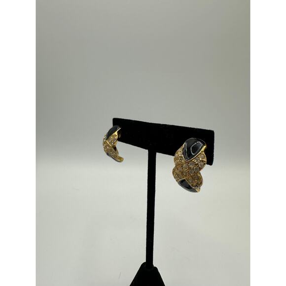 Vintage Signed Roman Black Enamel Gold Tone Earrings - Picture 2 of 9